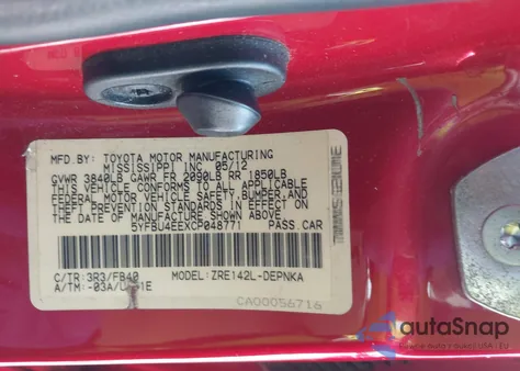 2012 Toyota Corolla Le из США, поврежденный, VIN 5YFBU4EEXCP048771